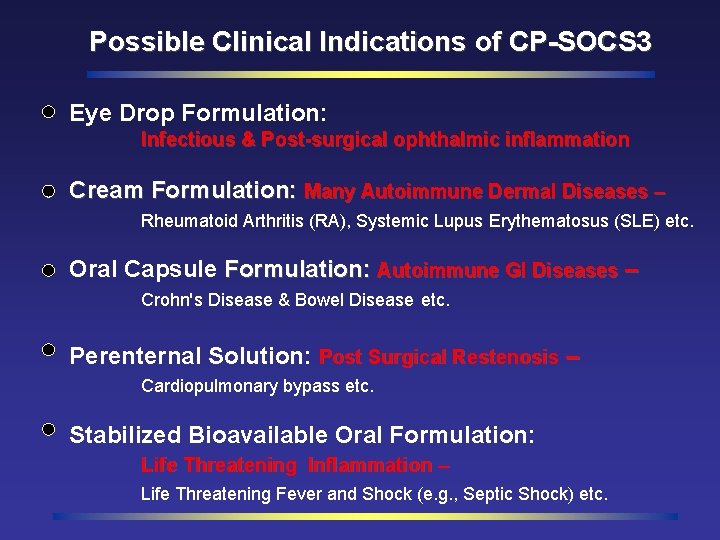 Possible Clinical Indications of CP-SOCS 3 Eye Drop Formulation: Infectious & Post-surgical ophthalmic inflammation