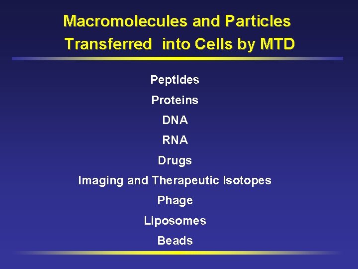 Macromolecules and Particles Transferred into Cells by MTD Peptides Proteins DNA RNA Drugs Imaging