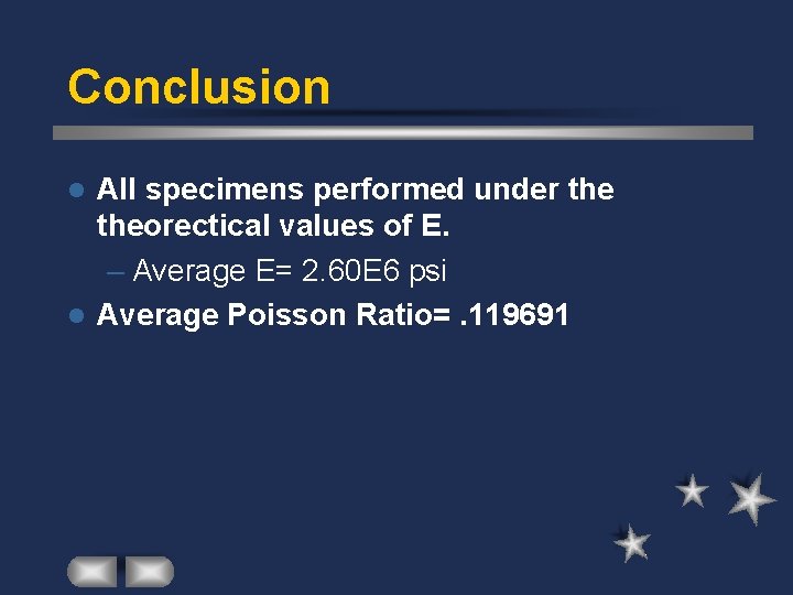 Conclusion All specimens performed under theorectical values of E. – Average E= 2. 60