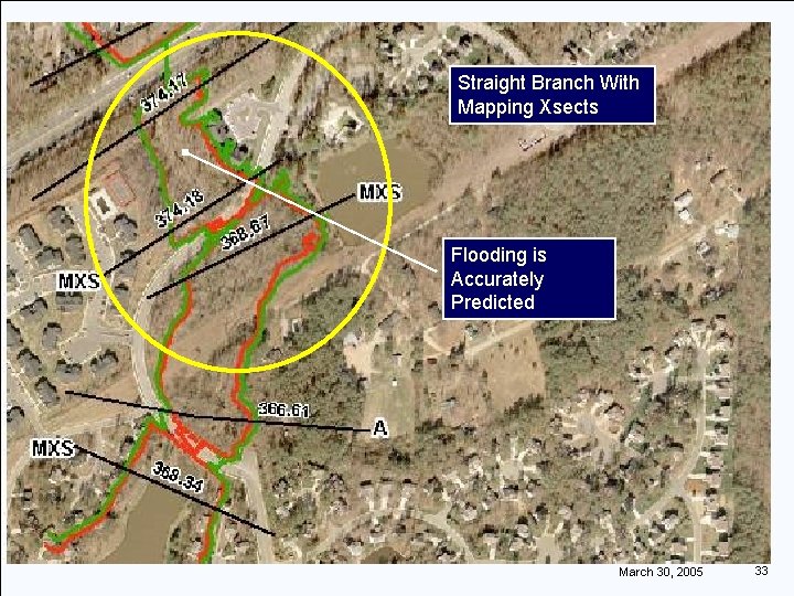 Straight Branch With Mapping Xsects Flooding is Accurately Predicted March 30, 2005 33 