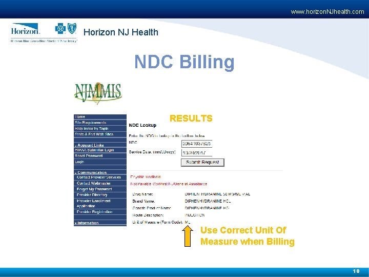 www. horizon. NJhealth. com Horizon NJ Health NDC Billing RESULTS Use Correct Unit Of