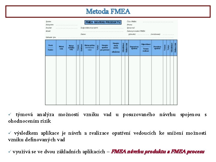 Metoda FMEA týmová analýza možností vzniku vad u posuzovaného návrhu spojenou s ohodnocením rizik