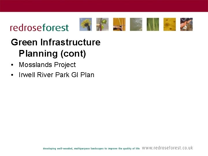 Green Infrastructure Planning (cont) • Mosslands Project • Irwell River Park GI Plan 