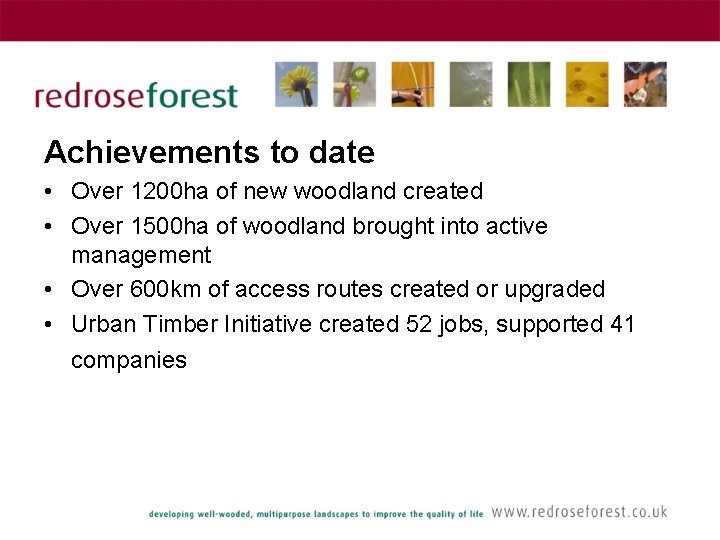 Achievements to date • Over 1200 ha of new woodland created • Over 1500