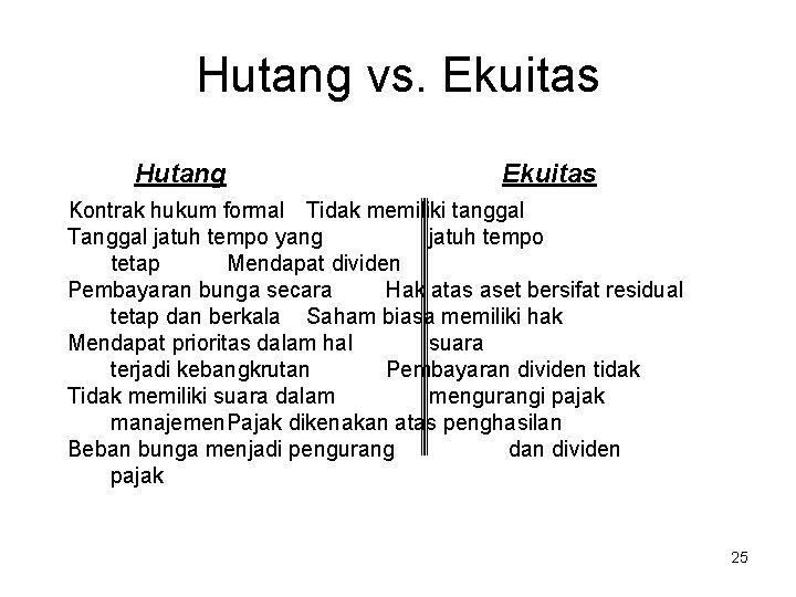 Hutang vs. Ekuitas Hutang Ekuitas Kontrak hukum formal Tidak memiliki tanggal Tanggal jatuh tempo