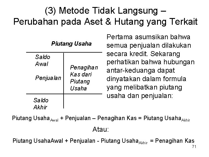 (3) Metode Tidak Langsung – Perubahan pada Aset & Hutang yang Terkait Piutang Usaha (3) Metode Tidak Langsung – Perubahan pada Aset & Hutang yang Terkait Piutang Usaha