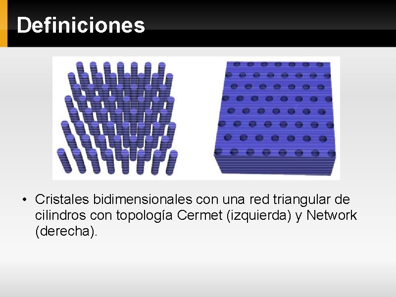 Definiciones • Cristales bidimensionales con una red triangular de cilindros con topología Cermet (izquierda)