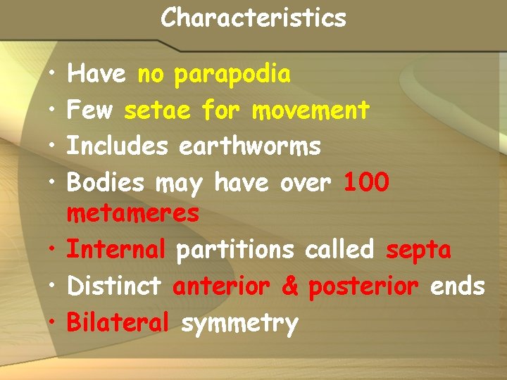 Characteristics • • Have no parapodia Few setae for movement Includes earthworms Bodies may
