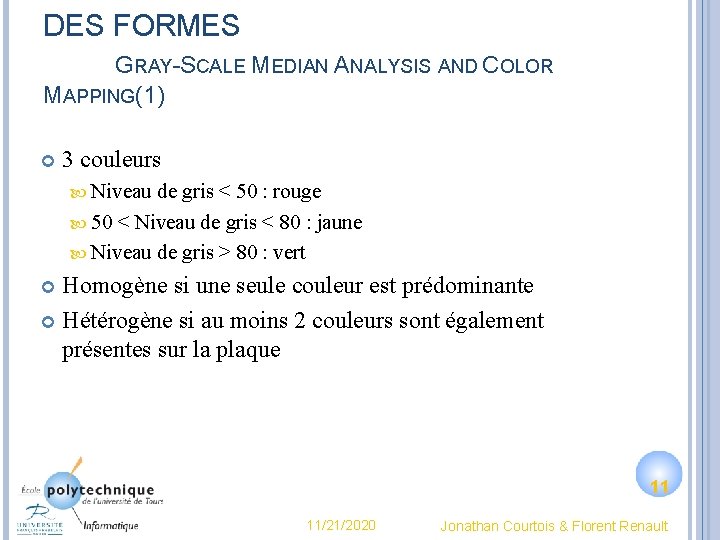 CONCEPTS DE RECONNAISSANCE DES FORMES GRAY-SCALE MEDIAN ANALYSIS AND COLOR MAPPING(1) 3 couleurs Niveau