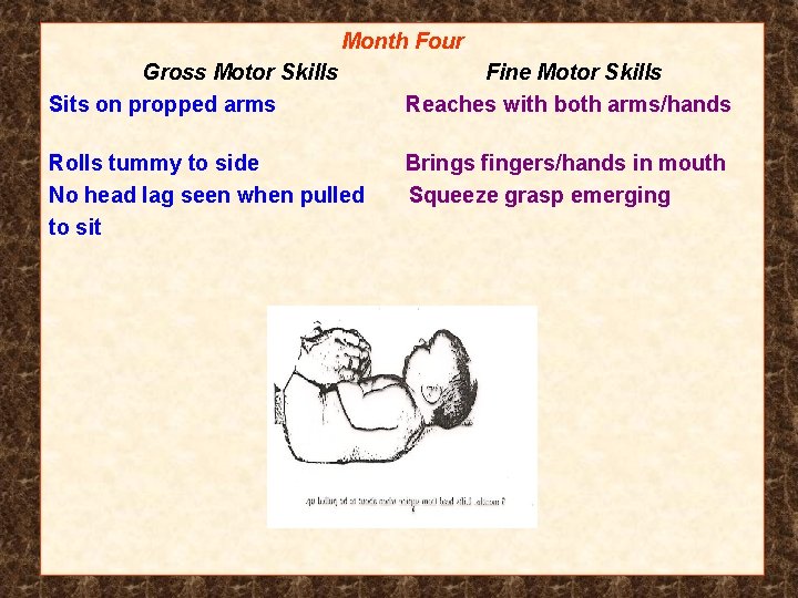 Month Four Gross Motor Skills Sits on propped arms Fine Motor Skills Reaches with
