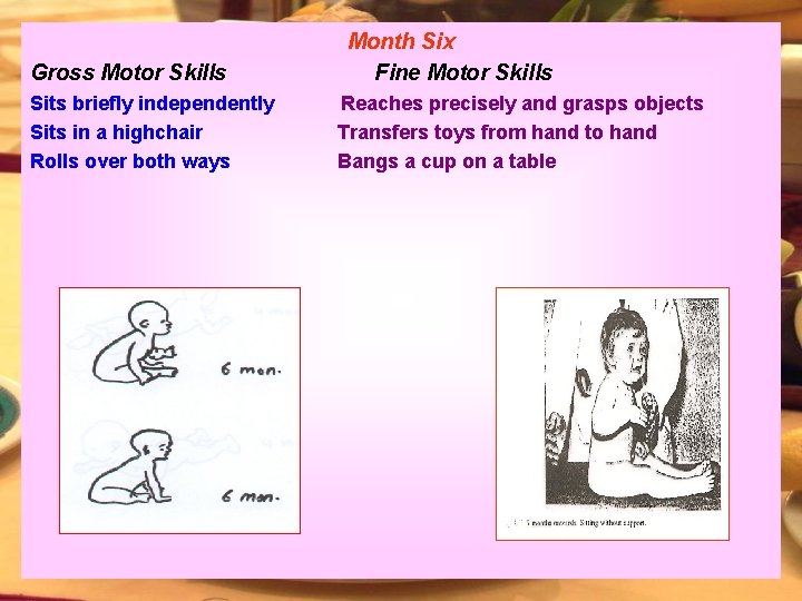 Gross Motor Skills Sits briefly independently Sits in a highchair Rolls over both ways