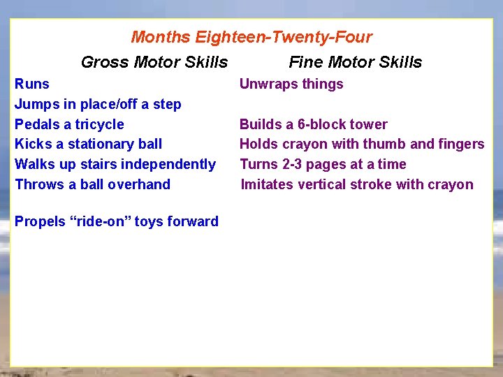 Months Eighteen-Twenty-Four Gross Motor Skills Runs Jumps in place/off a step Pedals a tricycle