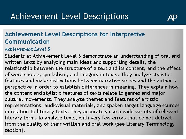 Achievement Level Descriptions for Interpretive Communication Achievement Level 5 Students at Achievement Level 5