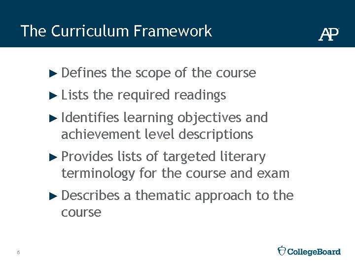 The Curriculum Framework ► Defines ► Lists the scope of the course the required