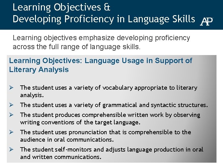Learning Objectives & Developing Proficiency in Language Skills Learning objectives emphasize developing proficiency across