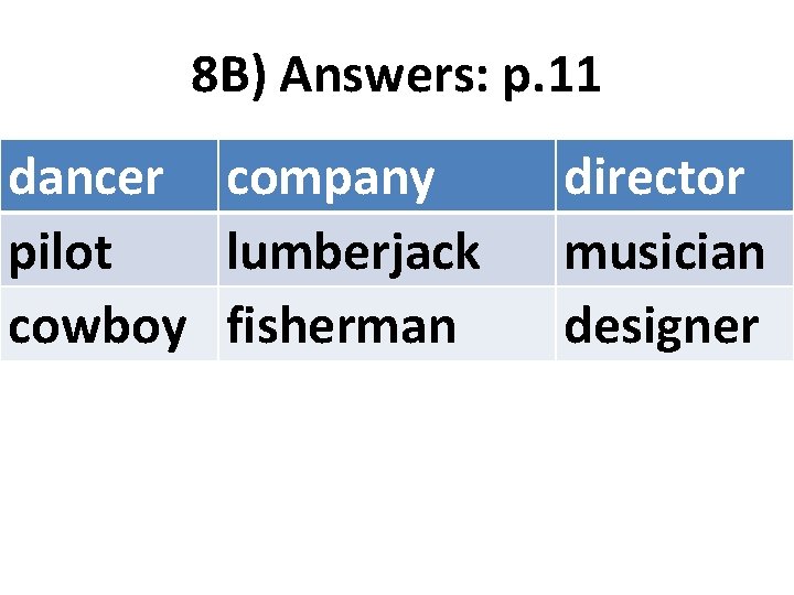 8 B) Answers: p. 11 dancer company pilot lumberjack cowboy fisherman director musician designer