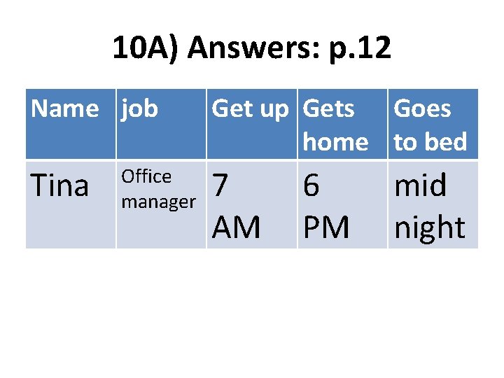 10 A) Answers: p. 12 Name job Get up Gets Goes home to bed