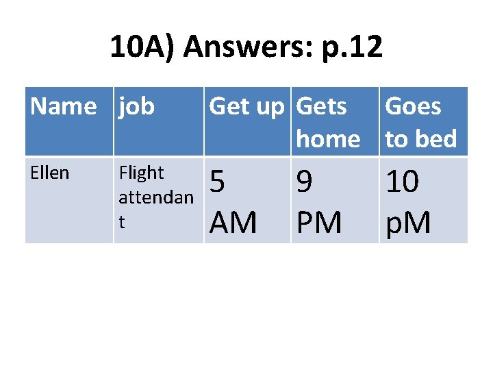10 A) Answers: p. 12 Name job Get up Gets Goes home to bed
