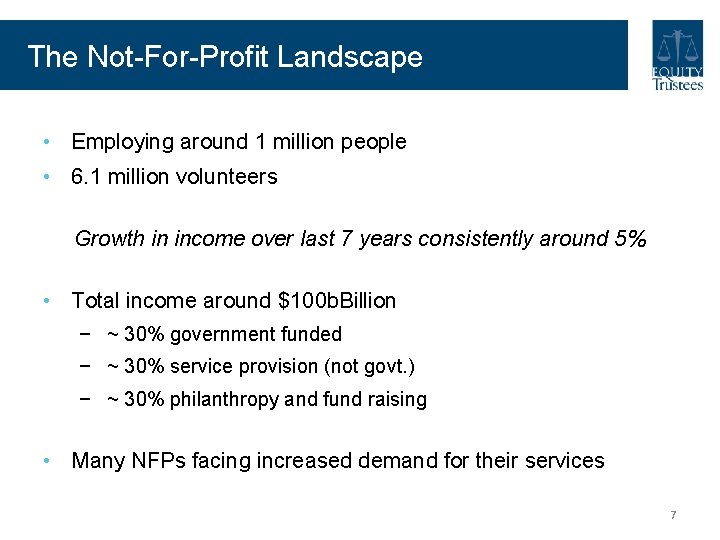 The Not-For-Profit Landscape • Employing around 1 million people • 6. 1 million volunteers The Not-For-Profit Landscape • Employing around 1 million people • 6. 1 million volunteers