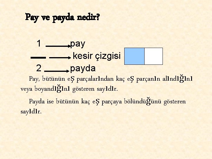 Pay ve payda nedir? 1 pay kesir çizgisi 2 payda Pay, bütünün eş parçalarından