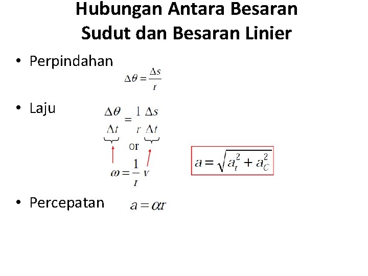 Hubungan Antara Besaran Sudut dan Besaran Linier • Perpindahan • Laju • Percepatan 