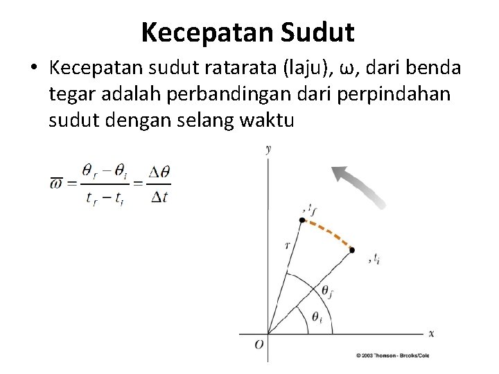 Kecepatan Sudut • Kecepatan sudut rata (laju), ω, dari benda tegar adalah perbandingan dari