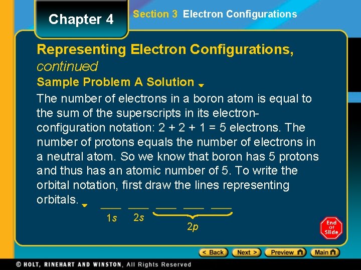 Chapter 4 Section 3 Electron Configurations Representing Electron Configurations, continued Sample Problem A Solution