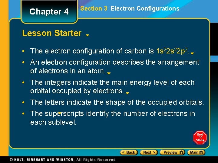 Chapter 4 Section 3 Electron Configurations Lesson Starter • The electron configuration of carbon