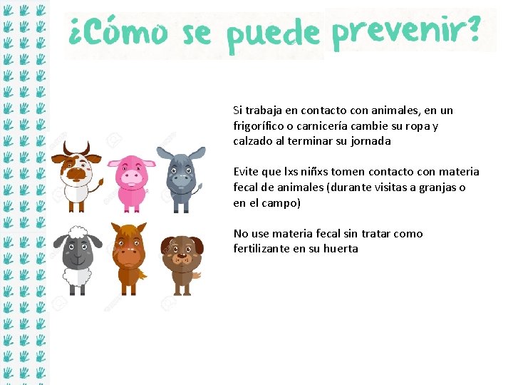 Si trabaja en contacto con animales, en un frigorífico o carnicería cambie su ropa