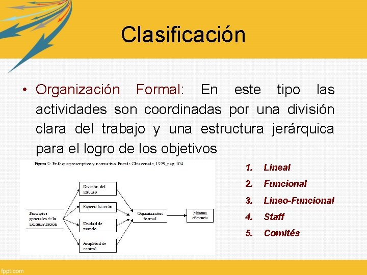 Clasificación • Organización Formal: En este tipo las actividades son coordinadas por una división