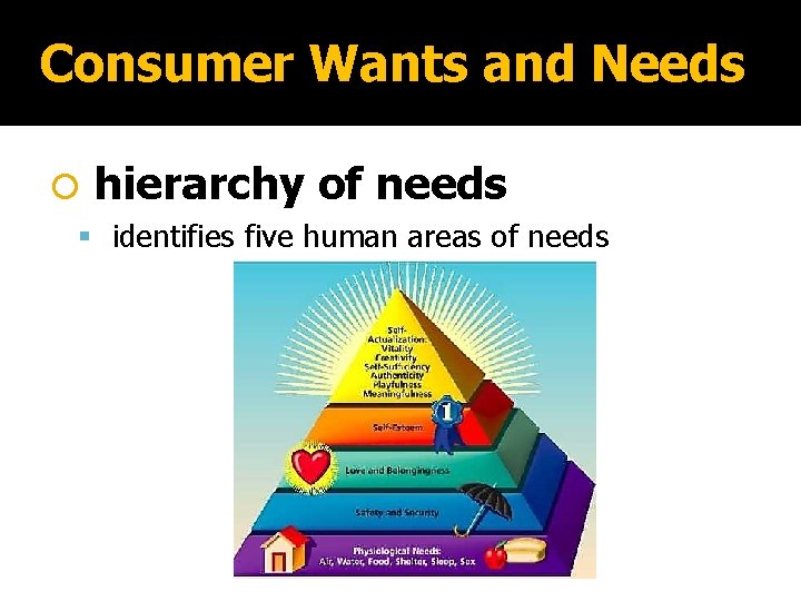 Consumer Wants and Needs hierarchy of needs identifies five human areas of needs 