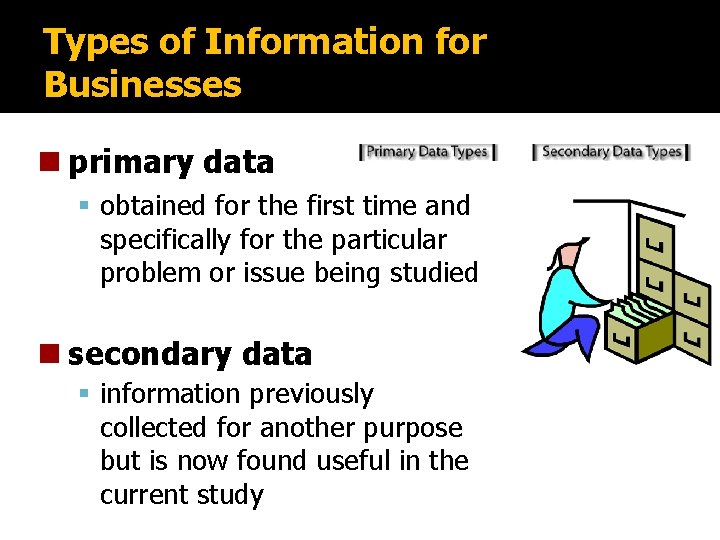 Types of Information for Businesses n primary data obtained for the first time and