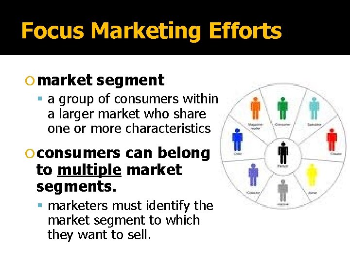 Focus Marketing Efforts market segment a group of consumers within a larger market who