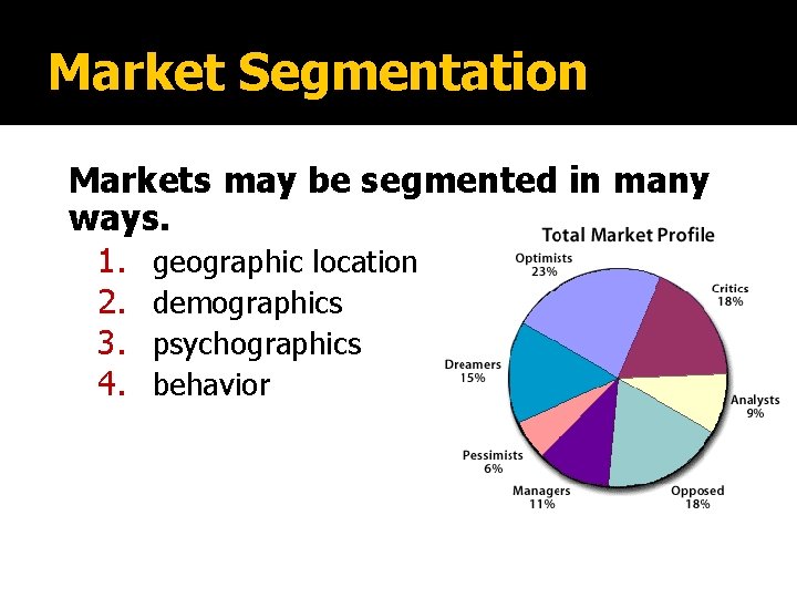 Market Segmentation Markets may be segmented in many ways. 1. 2. 3. 4. geographic