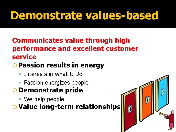 Demonstrate values-based Communicates value through high performance and excellent customer service Passion results in