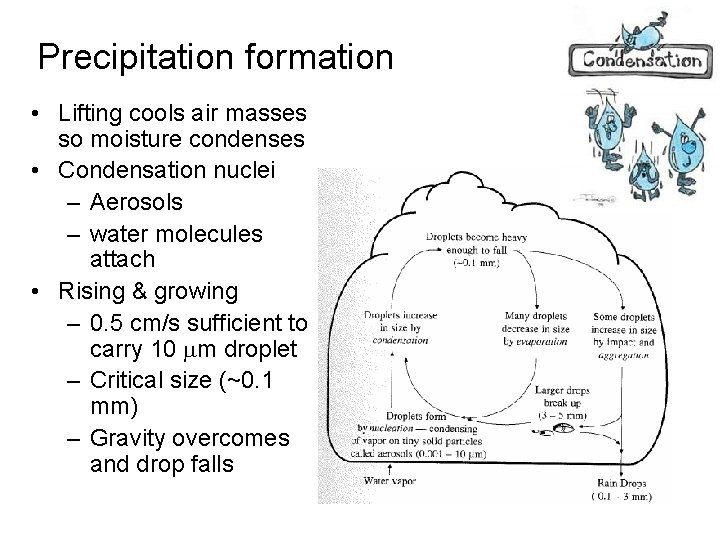 Precipitation formation • Lifting cools air masses so moisture condenses • Condensation nuclei –