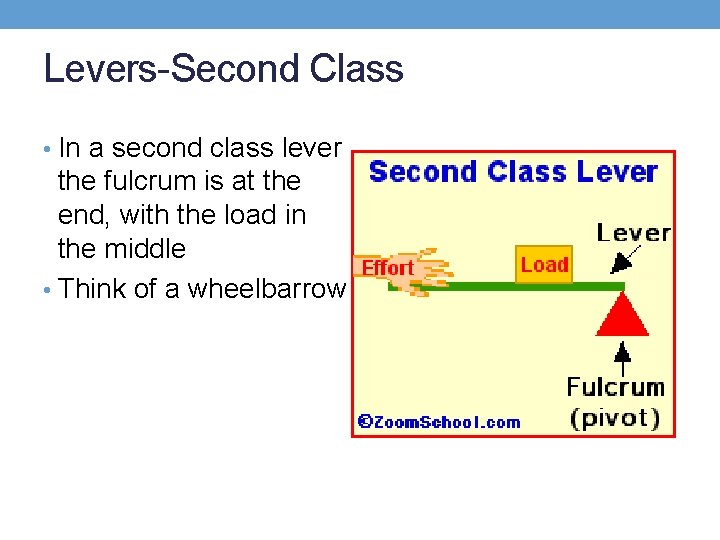 Levers-Second Class • In a second class lever the fulcrum is at the end,