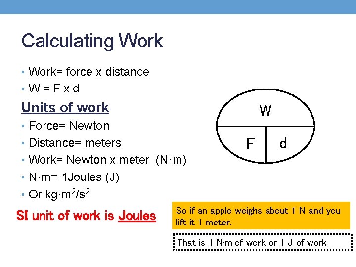 Calculating Work • Work= force x distance • W=Fxd Units of work W •