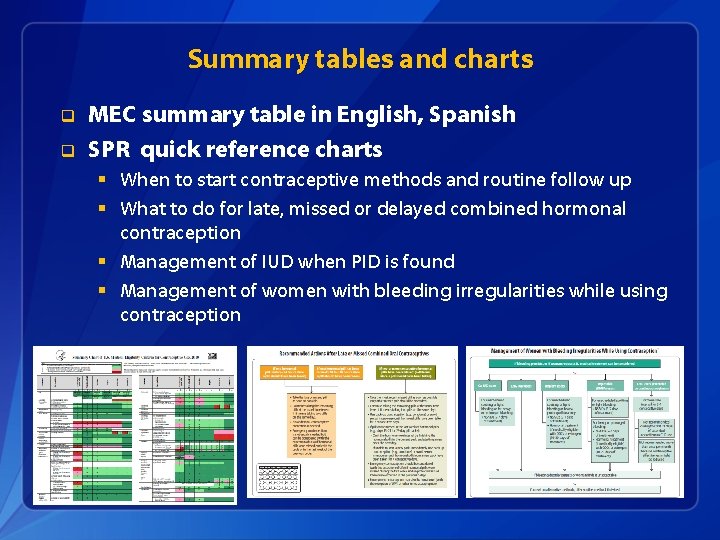 Summary tables and charts q q MEC summary table in English, Spanish SPR quick