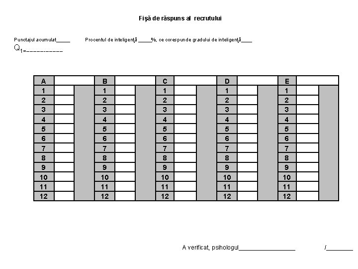 Fişă de răspuns al recrutului Punctajul acumulat_____ Procentul de inteligenţă _____%, ce corespunde gradului