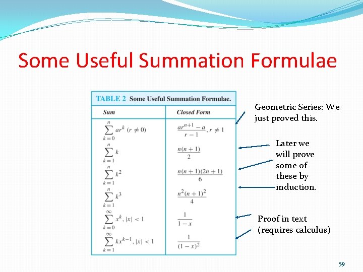 Some Useful Summation Formulae Geometric Series: We just proved this. Later we will prove