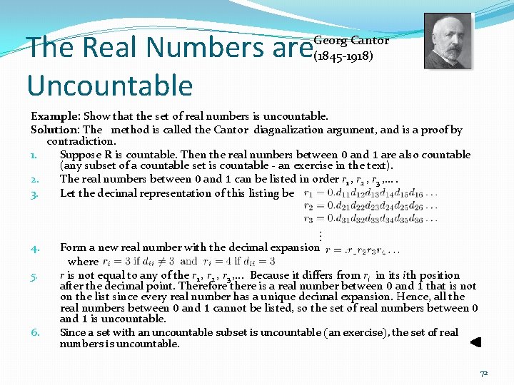 The Real Numbers are Uncountable Georg Cantor (1845 -1918) Example: Show that the set