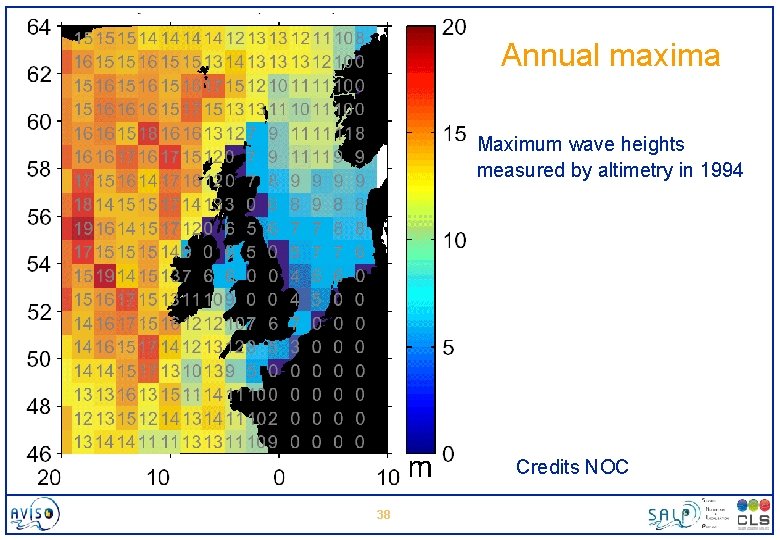 Annual maxima Maximum wave heights measured by altimetry in 1994 Credits NOC 38 