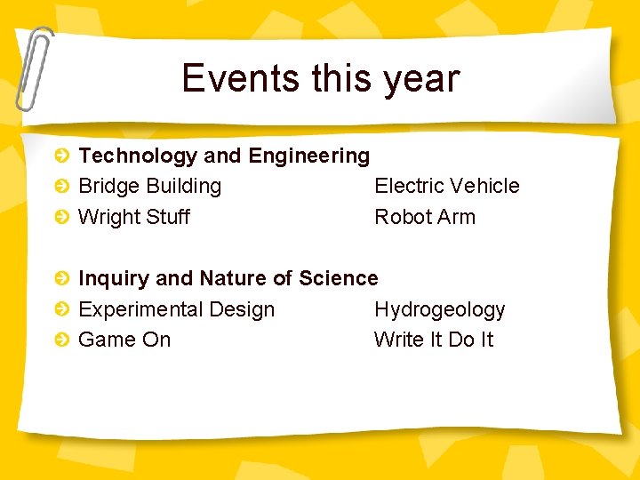 Events this year Technology and Engineering Bridge Building Electric Vehicle Wright Stuff Robot Arm