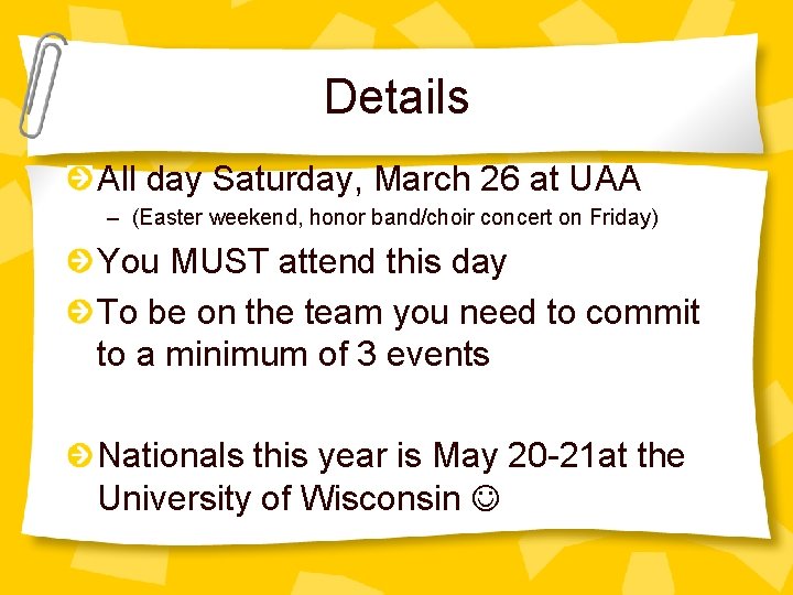 Details All day Saturday, March 26 at UAA – (Easter weekend, honor band/choir concert