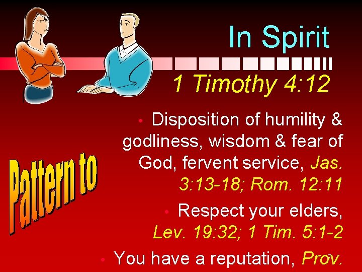 In Spirit 1 Timothy 4: 12 Disposition of humility & godliness, wisdom & fear