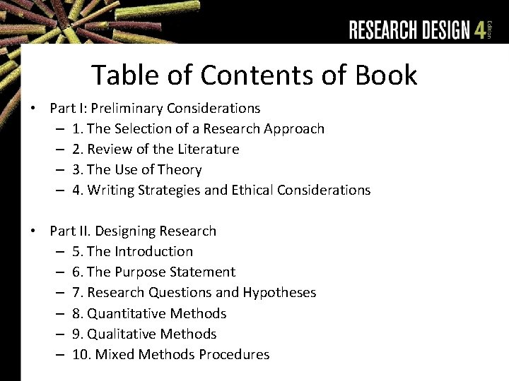 Table of Contents of Book • Part I: Preliminary Considerations – 1. The Selection