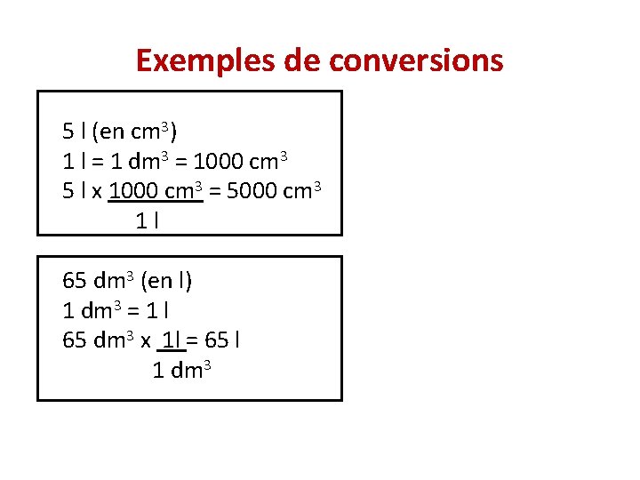 Exemples de conversions 5 l (en cm 3) 1 l = 1 dm 3 Exemples de conversions 5 l (en cm 3) 1 l = 1 dm 3