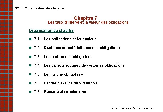 T 7. 1 Organisation du chapitre Chapitre 7 Les taux d’intérêt et la valeur