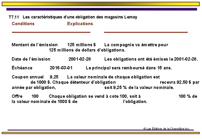 T 7. 11 Les caractéristiques d’une obligation des magasins Lemay Conditions Explications Montant de